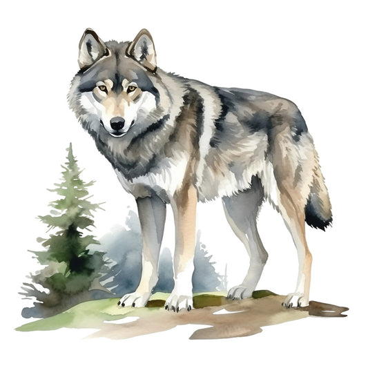 wolf, gray wolf, watercolor style, forest scene, evergreen tree, pine tree, wildlife art, nature theme, animal portrait, muted grays, soft browns, cream white, sage green, fabric panel, quilting cotton, woodland creature, wilderness design, realistic animal, standing pose, outdoor scene