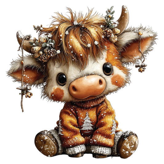 christmas, highland cow, fabric panel, winter scene, brown, orange, cream, white, snowflakes, pine cones, feathers, furry texture, holiday sweater, sitting pose, whimsical art, seasonal decoration, quilting cotton, adorable animal, festive theme, cozy winter