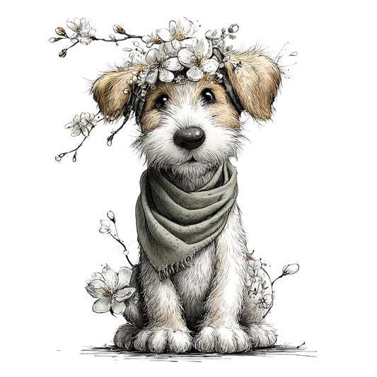 dog, puppy, terrier, flowers, floral, white, cream, tan, beige, brown, sketch, botanical, whimsical, cute, animal portrait, spring, nature, vintage, illustration, line art, nursery, children, baby, decorative, elegant, charming, bandana, scarf detail, blossoms, sweet