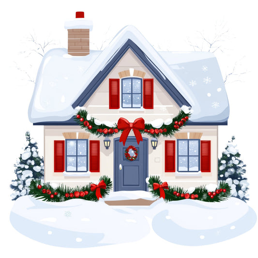 christmas house, holiday home, winter cottage, snow covered roof, festive door wreath, red shutters, brick chimney, evergreen garland, red bows, winter scene, holiday decorating, christmas village, snowy landscape, navy blue door, cream colored house, traditional christmas, seasonal decor, holiday themed, winter wonderland, festive red, dark green foliage, white snow, christmas ornaments, cozy home, holiday spirit, vintage christmas, wall hanging, quilt panel, home decor