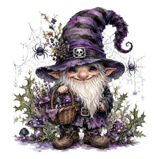 purple, black, cream, white, sage green, gold, whimsical, fantasy, magical, gnome, wizard, witch hat, spiders, spider web, mushrooms, berries, holly leaves, basket, autumn, halloween, fall, celestial, mystical, dark fantasy, folkloric, storybook, enchanted, cottagecore, nature elements, dark moody