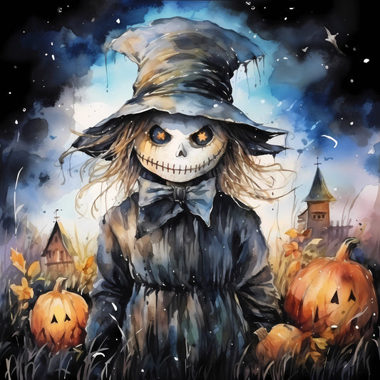 halloween, scarecrow, skeleton face, jack-o-lantern, pumpkin, autumn, fall, spooky, whimsical, dark blue, cream, orange, black, golden yellow, stitched smile, haunted, festive, seasonal, gothic, countryside, rustic, vintage, celestial, stars, church tower, straw hat, bow tie, folk art, creepy cute, mystical