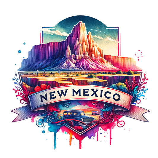 US States Retro Travel Fabric Panel 10 featuring vibrant New Mexico desert landscape with vintage truck and colorful artistic design.