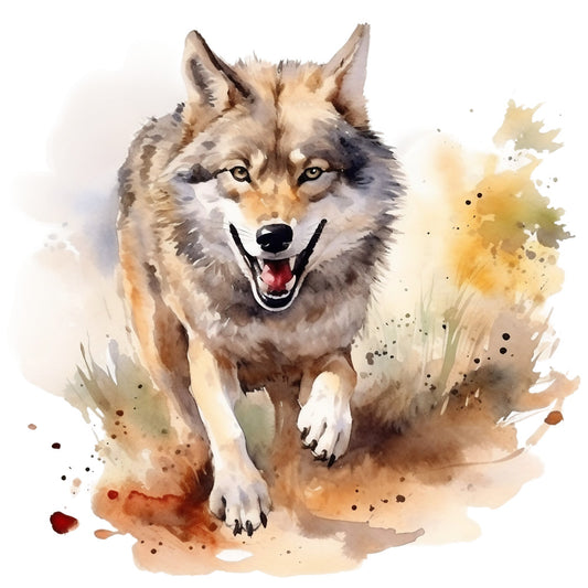 wolf, watercolor, earth tones, brown, tan, orange, gray, wildlife, animal portrait, snarling wolf, fabric panel, quilting cotton, nature theme, wild animal, realistic art, warm colors, splatter effect, painted style, fierce expression, woodland creature