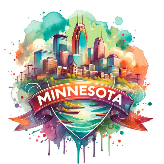 US States Retro Travel Fabric Panel 33 featuring a colorful watercolor illustration of Minnesota skyline and river scene.