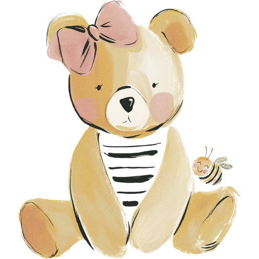 cream, pale yellow, soft pink, blush, warm gold, tan, honey, teddy bear, cute animals, whimsical, playful, nursery, baby, children's, sweet, gentle, bow, ribbon, bee, striped, illustration, storybook, soft pastels, gender neutral, young child, toddler, kawaii, charming, decorative panel, wall art