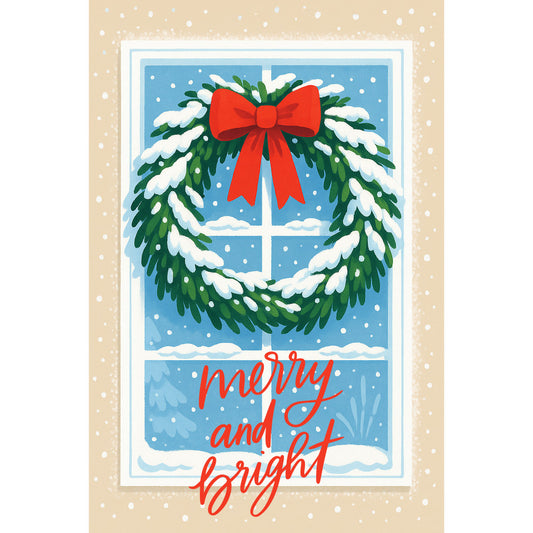 christmas wreath, red bow, green foliage, white snow, beige background, window scene, winter landscape, holiday fabric, quilting panel, festive design, snow-covered branches, cursive text, seasonal decoration, winter wonderland, cotton panel, christmas crafting, holiday sewing, snowy window, evergreen wreath, red ribbon