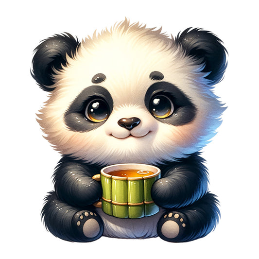 panda, cute animal, black and white, cream colored, soft pastels, baby panda, tea cup, green bamboo cup, orange tea, kawaii style, adorable character, fabric panel, quilting cotton, nursery theme, animal illustration, fluffy texture, round ears, big eyes, sitting pose, children's fabric