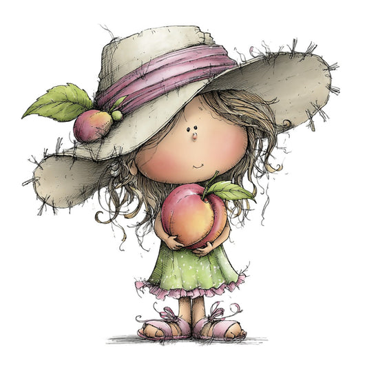 whimsical girl, cream, sage green, dusty rose, peach, soft pink, charcoal, children's illustration, storybook, sweet character, girl with hat, apple picking, harvest, spring, summer, nature, fruit, vintage style, hand-drawn, cute, playful, innocent, pastoral, countryside, garden theme, nursery, baby quilt, wall hanging, decorative, folk art