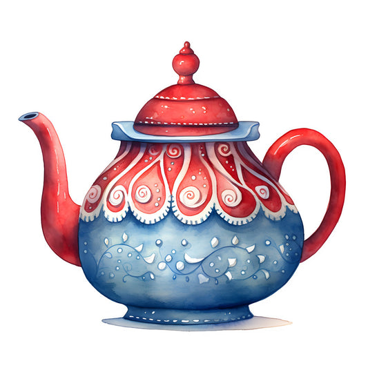 red teapot, blue and red, vintage teapot, decorative teapot, whimsical, ornamental, scroll patterns, paisley, tea time, kitchen decor, traditional, elegant, coral red, navy blue, white accents, ornate design, botanical swirls, scalloped edges, folk art, cottage core, retro, classic, storybook, children's illustration, novelty print, kitchen themed, home décor, table runner, wall hanging