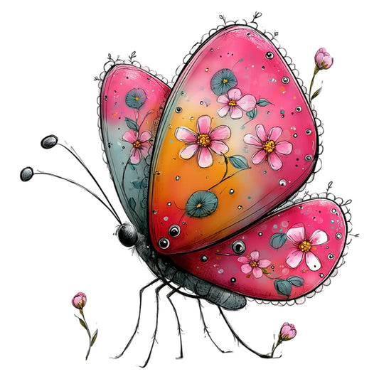 hot pink, coral orange, dusty blue, gradient color, whimsical, butterfly, flowers, pink cosmos, nature, spring, summer, insect, floral design, metallic accents, rhinestone embellishment, botanical, decorative, playful, artistic, children's, fantasy, garden theme, delicate flowers, mixed media, embellished design, colorful gradient, bug motif, flower garden, cheerful, vibrant