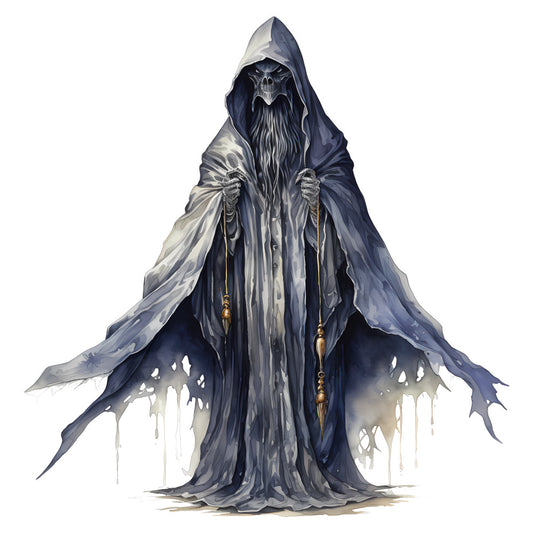 dark navy, charcoal gray, silver, skeletal, skull, grim reaper, gothic, spooky, halloween, fantasy, dark fantasy, mystical, supernatural, wizard, warlock, occult, hooded figure, ethereal, haunting, elegant, dramatic, moody, winter, dark aesthetic, fantasy art, horror themed, skeleton face, flowing robes, dramatic cape, eerie