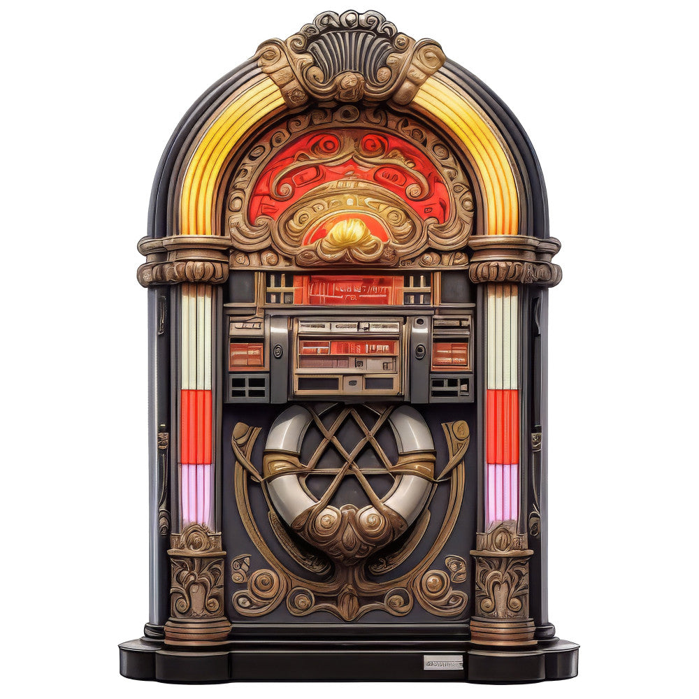 vintage jukebox, retro, 1950s, art deco, music, entertainment, nostalgic, gold, red, black, cream, pink, metallic gold, shell motif, ornamental, decorative, elegant, classic, speakeasy, mid-century modern, music lover, novelty, whimsical, wall hanging, home decor, conversation piece, throwback, antique style, collectible