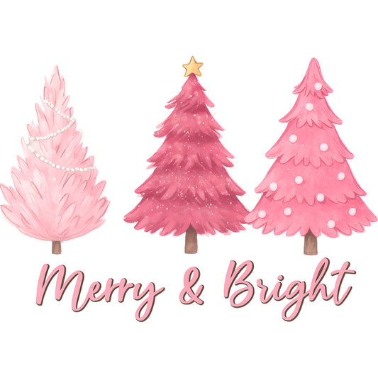 pink, coral, rose, christmas trees, evergreen trees, star, pearl garland, polka dots, sparkles, glitter effect, watercolor style, festive, holiday theme, winter, fabric panel, quilting cotton, crafting material, soft pastels, whimsical, decorative motifs