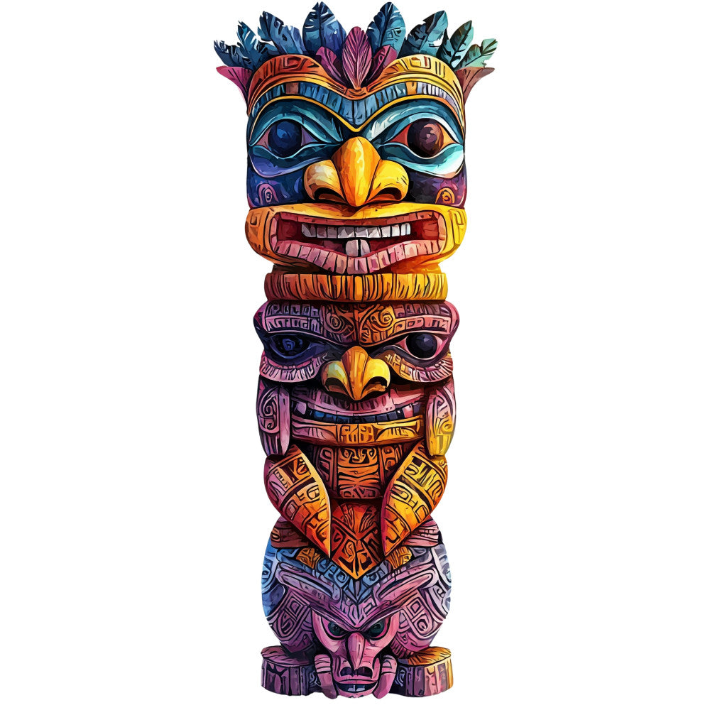 totem pole, tiki masks, hawaiian motif, tropical design, vibrant colors, turquoise blue, coral orange, purple accents, yellow highlights, carved faces, feathers, tribal patterns, polynesian art, fabric panel, quilting cotton, island theme, ceremonial masks, geometric designs, bright multicolor, decorative faces