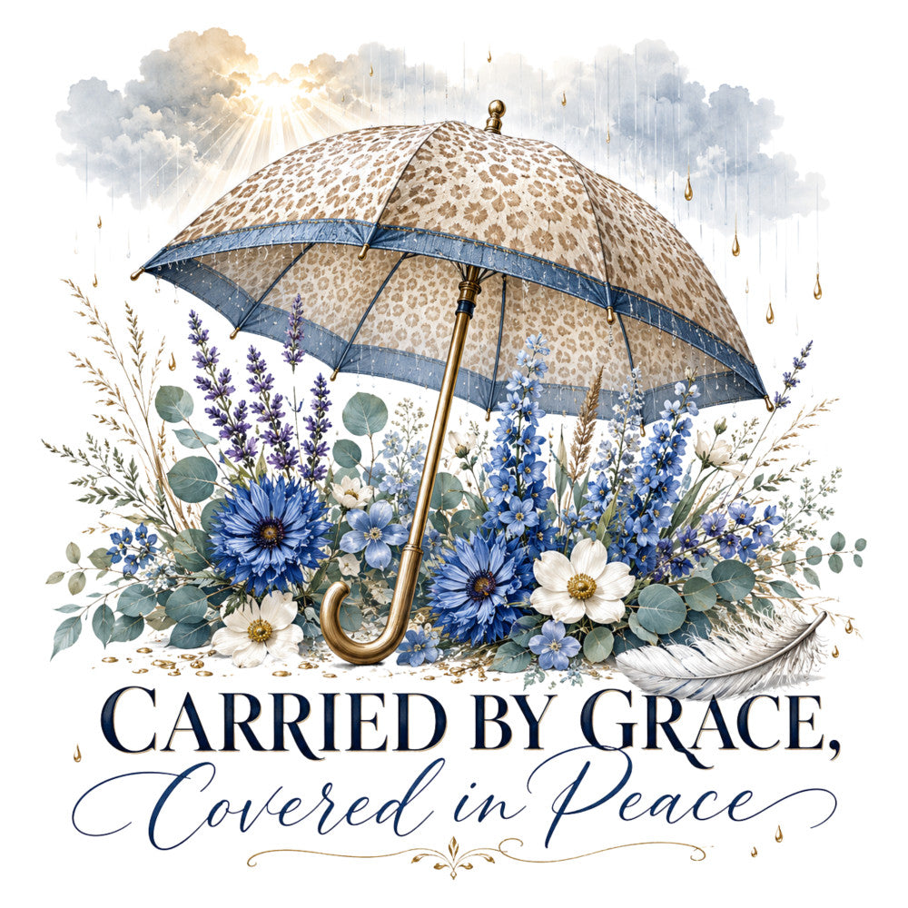 navy blue, cream, gold, lavender, sage green, eucalyptus, floral, botanical, umbrella, raindrop, inspirational, faith, religious, spiritual, elegant, whimsical, vintage, garden, flowers, daisies, lavender blooms, daisy, wildflowers, nature, peaceful, grace, tranquil, cottage core, farmhouse, quote fabric