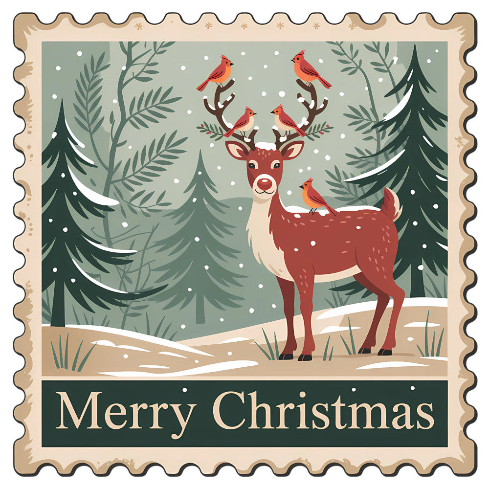 Vintage Christmas Stamps Fabric Panel 11 with a deer and red birds in a snowy forest scene and Merry Christmas text.
