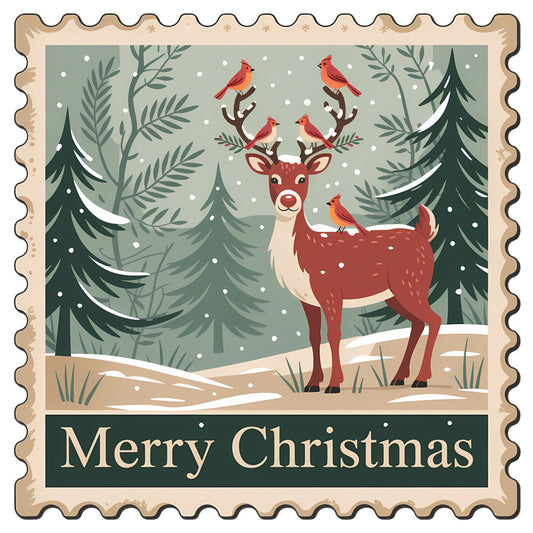 Vintage Christmas Stamps Fabric Panel 11 with a deer and red birds in a snowy forest scene and Merry Christmas text.