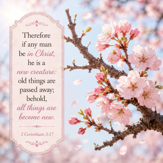blush pink, cherry blossom, spring floral, pale pink, sky blue, inspirational quote, religious scripture, spiritual, bible verse, new creation, transformation, renewal, floral branches, delicate flowers, botanical, elegant, traditional, spring, nature, christian faith, peaceful, serene, soft colors, pastel, romantic, decorative panel, wall hanging, spiritual decor, uplifting message