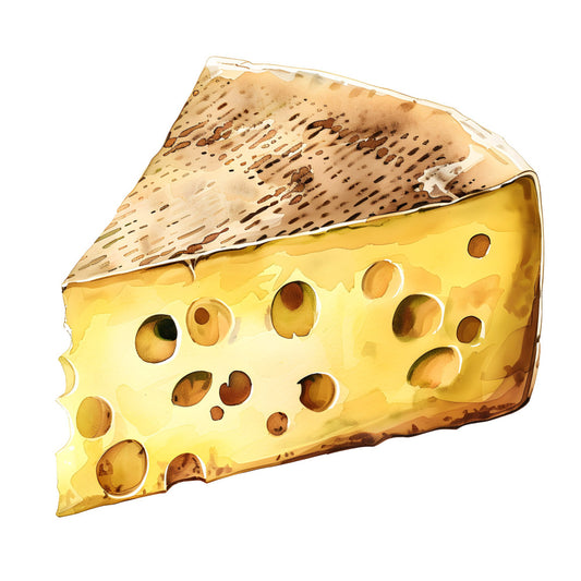cheese, swiss cheese, yellow, golden yellow, cream, tan, brown, holes, food, kitchen, farmhouse, rustic, whimsical, novelty, culinary, realistic, illustration, gourmet, dairy, comfort food, cottage core, harvest, warm tones, beige, appetizer, food themed, country style