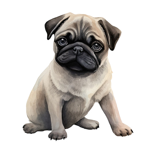 Watercolor Pug Fabric Panel 37 features a detailed, hand-painted pug design printed on 100% premium quilting cotton.