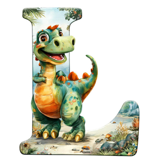 dinosaur, cartoon character, green, orange, teal, tropical scene, palm trees, prehistoric, friendly dinosaur, fabric panel, quilting cotton, children's fabric, nursery theme, whimsical art, playful design, jungle background, baby dinosaur, craft fabric, sewing panel, colorful illustration