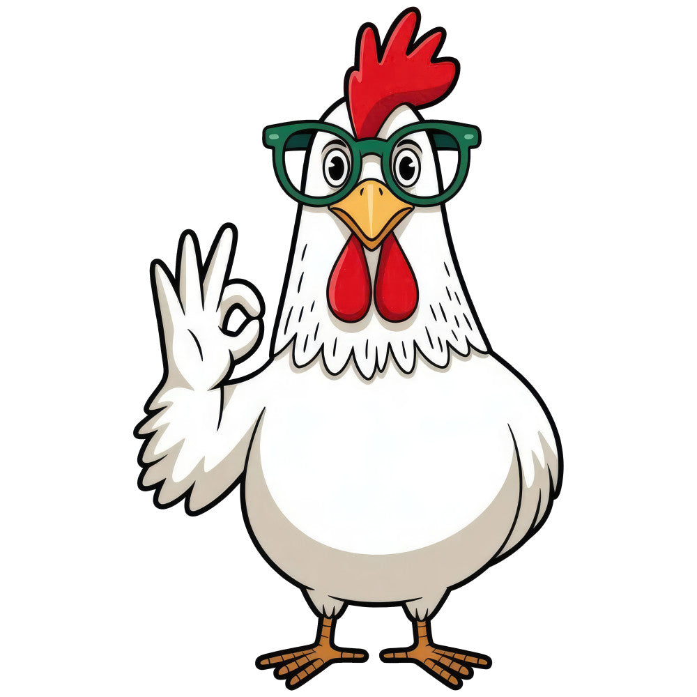 chicken, rooster, farmhouse, whimsical, humorous, funny, glasses, green glasses, red comb, white, cream, forest green, golden yellow, orange, farm animals, countryside, rural, novelty, cute, character, folk art, country style, spring, summer, lighthearted, playful, agricultural, barn animals, quirky