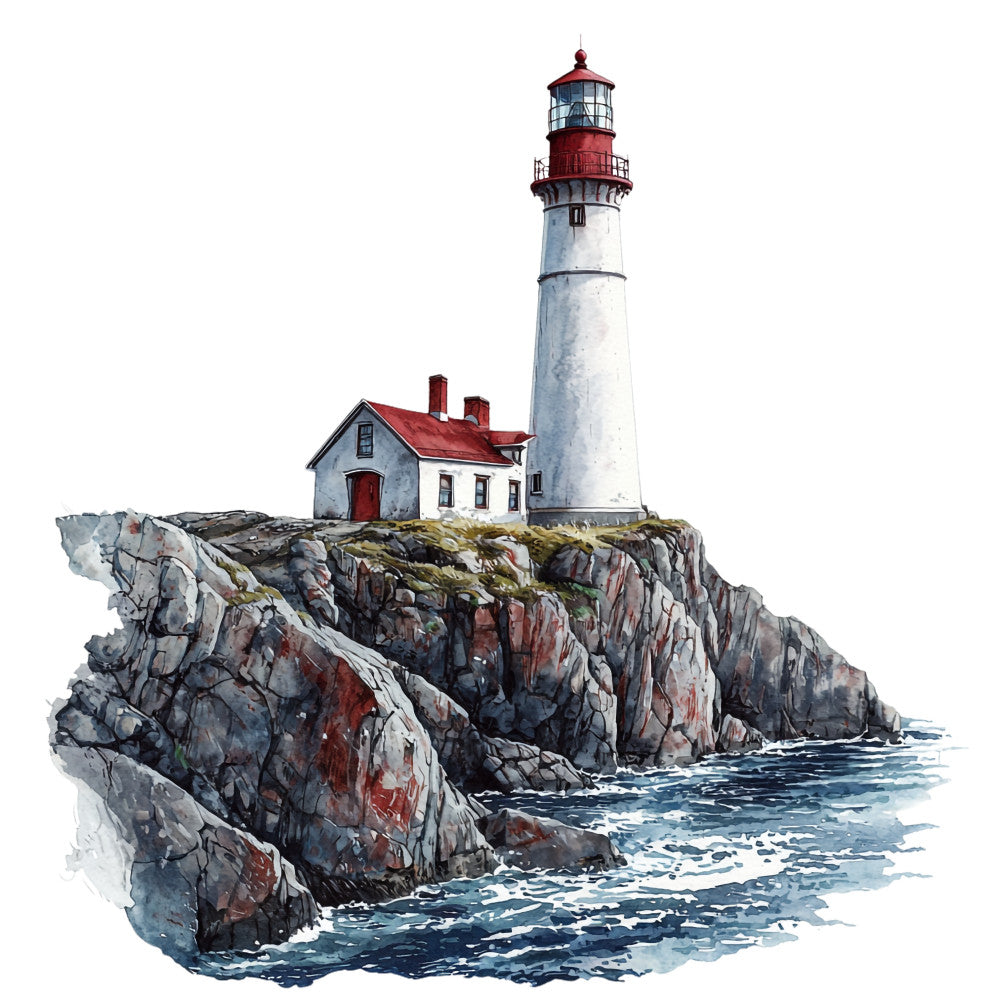 lighthouse scene, coastal landscape, rocky cliffs, ocean waves, white lighthouse, red roof, keeper's house, watercolor style, nautical theme, maritime, seascape, fabric panel, quilting cotton, blue water, gray rocks, weathered texture, seaside cottage, rugged coastline, marine artwork, coastal decor