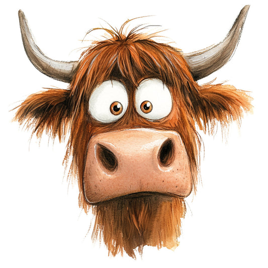 highland cattle, scottish cow, brown cow, rust brown, tan, cream, animal face, farm animal, whimsical, cute, humorous, funny, cartoon style, illustration, livestock, rustic, farmhouse, country style, cow portrait, horned animal, shaggy hair, long horns, children's, nursery, folk art, rural theme, barn animal