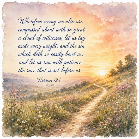 inspirational quote, hebrews 12:1, scripture, religious, spiritual, landscape, wildflowers, sunrise, sunset, golden hour, path, trail, mountains, hills, pastoral, nature scene, floral, wildflower meadow, faith, christian, encouragement, warm tones, cream, peach, soft pink, dusty rose, sage green, golden yellow, watercolor, romantic