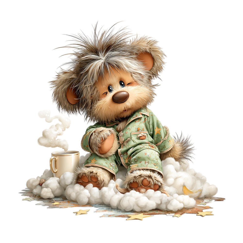 cute teddy bear, whimsical animal, nursery, baby, children's, soft colors, sage green, cream, tan, brown, gold accents, stars, clouds, pajamas, sleepwear, cozy, adorable, storybook illustration, fantasy, magical, dreamy, celestial, sweet, gentle, soft-hearted, precious moments, baby shower, children's room, storybook art, whimsical characters
