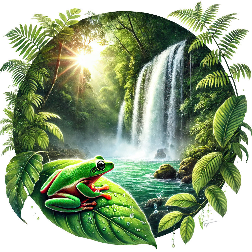 forest green, bright green, turquoise, aqua blue, red, tropical rainforest, waterfall, frog, tree frogs, amphibian, nature, wildlife, jungle, botanical, leaves, ferns, foliage, water, cascading waterfall, whimsical, vibrant, lush, exotic, tropical, summer, spring, adventure, natural landscape, animal panel, scenic