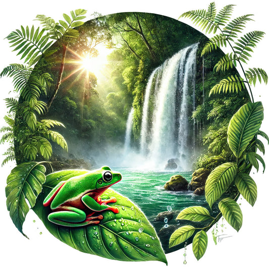 forest green, bright green, turquoise, aqua blue, red, tropical rainforest, waterfall, frog, tree frogs, amphibian, nature, wildlife, jungle, botanical, leaves, ferns, foliage, water, cascading waterfall, whimsical, vibrant, lush, exotic, tropical, summer, spring, adventure, natural landscape, animal panel, scenic