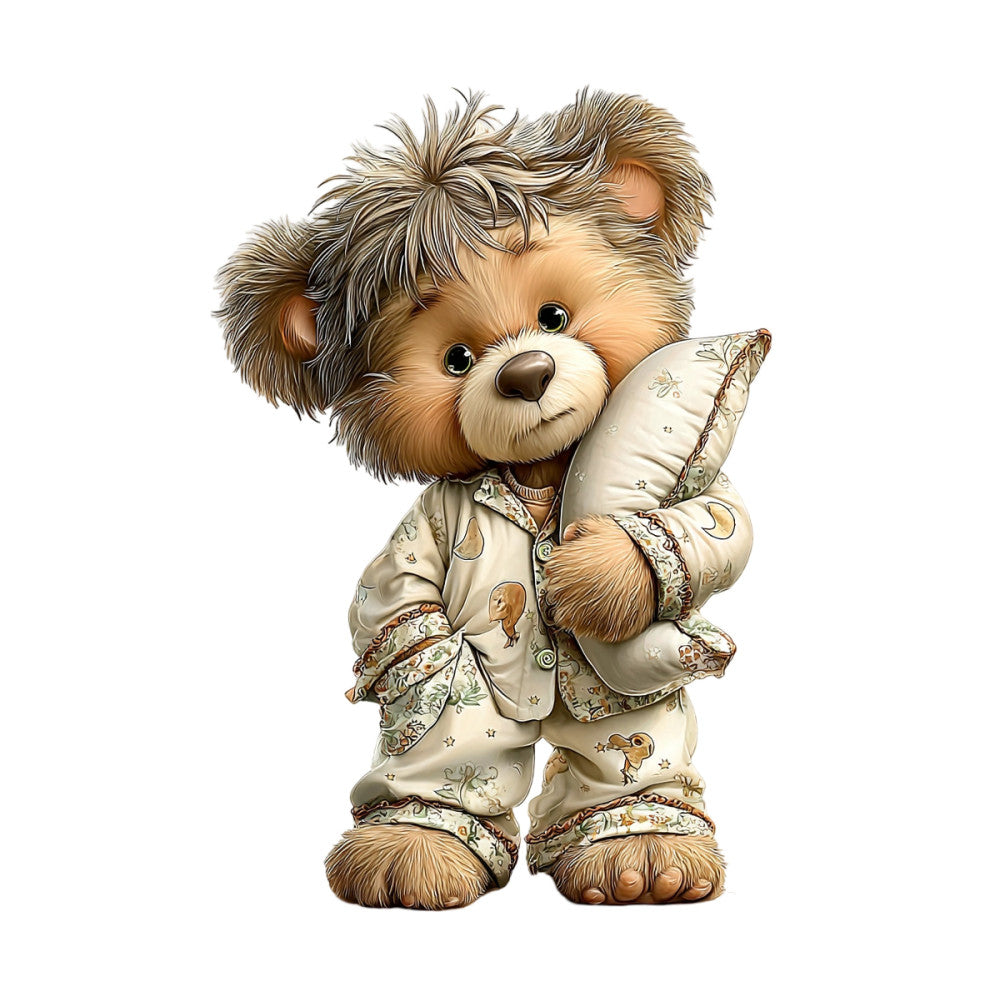 teddy bear, cute animals, children's, baby, cream, beige, tan, brown, soft colors, whimsical, adorable, pajamas, sleepwear, vintage style, nursery, storybook, illustration art, character design, sweet, charming, decorative motif, floral accents, nature inspired, playful, bedding, wall hanging, child's room, pastoral