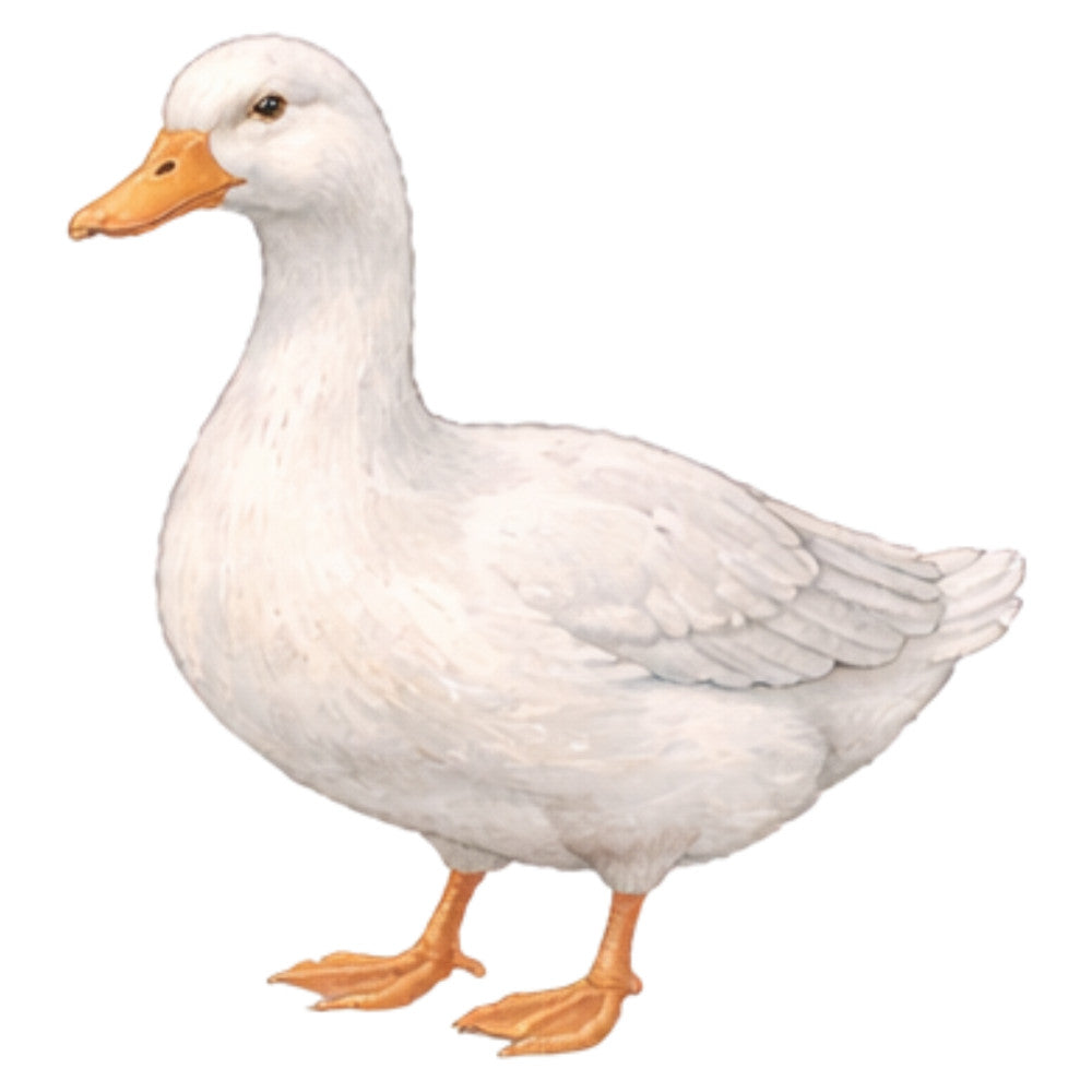 white duck, cream white, golden orange, poultry, farmhouse, country, farm animals, birds, waterfowl, domestic duck, whimsical, charming, pastoral, rustic, nature, animal print, children's, kids, baby, cute, illustrated, realistic, farm themed, cottage core, traditional, spring, summer, natural colors