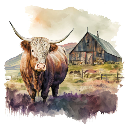 Watercolor Highland Cows Fabric Panel 8 featuring detailed painting of a Highland cow with rustic barn and countryside background.
