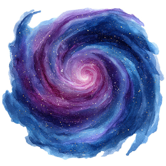 galaxy spiral, cosmic swirl, nebula, space themed, celestial, purple, deep blue, navy blue, lavender, magenta, pink, gold accents, starry, abstract, modern, whimsical, bohemian, elegant, universe inspired, watercolor, dreamy, night sky, spiral pattern, outer space, home decor, wall hanging, meditation room, contemporary, artistic