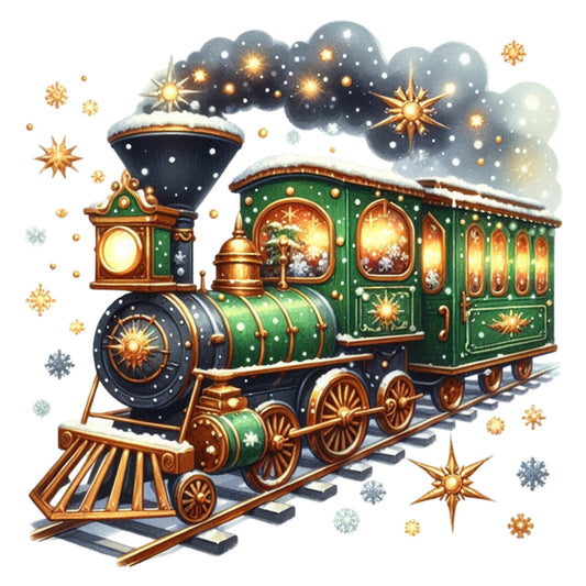 Green Christmas Train Fabric Panel 1