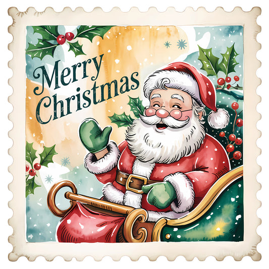 Vintage Christmas Stamps Fabric Panel 7 featuring Santa Claus waving in a sleigh with holly and "Merry Christmas" text design.