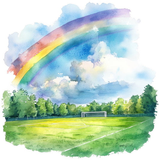 rainbow, sky blue, cloud white, forest green, soft purple, pale yellow, soft pink, nature, landscape, soccer field, sports, watercolor, whimsical, dreamy, pastel, spring, summer, children's, youth, hopeful, inspirational, outdoor sports, green field, clouds, trees, soccer goal, artistic, gentle, soft colors, peaceful