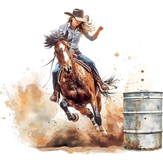 cowgirl, western, rodeo, barrel racing, horse, brown horse, denim, tan, cream, beige, rust, dusty brown, watercolor, splatter, abstract, action, dynamic, rustic, country, farmhouse, equestrian, sports, adventure, wild west, southwestern, dust cloud, western wear, hat, cowboy hat, artistic