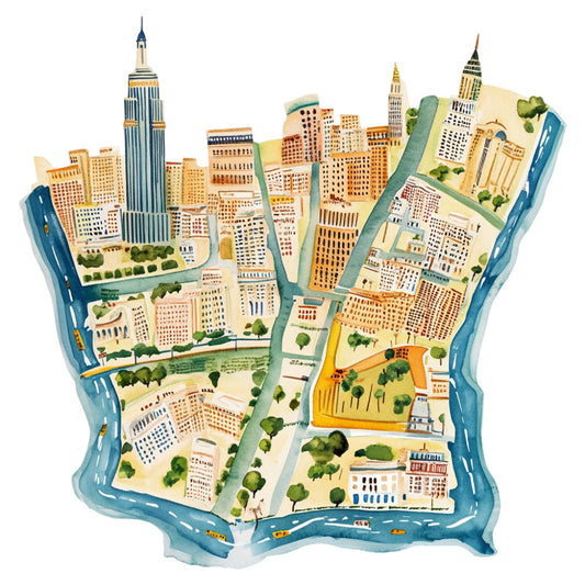 new york city map, cityscape, urban landscape, architectural, building skyline, empire state building, chrysler building, map fabric, travel theme, tourist, manhattan, city streets, watercolor style, illustrated, whimsical, vintage map, cream, tan, beige, navy blue, teal blue, golden yellow, orange, green, artistic, educational, geography, nostalgic, retro, decorative panel
