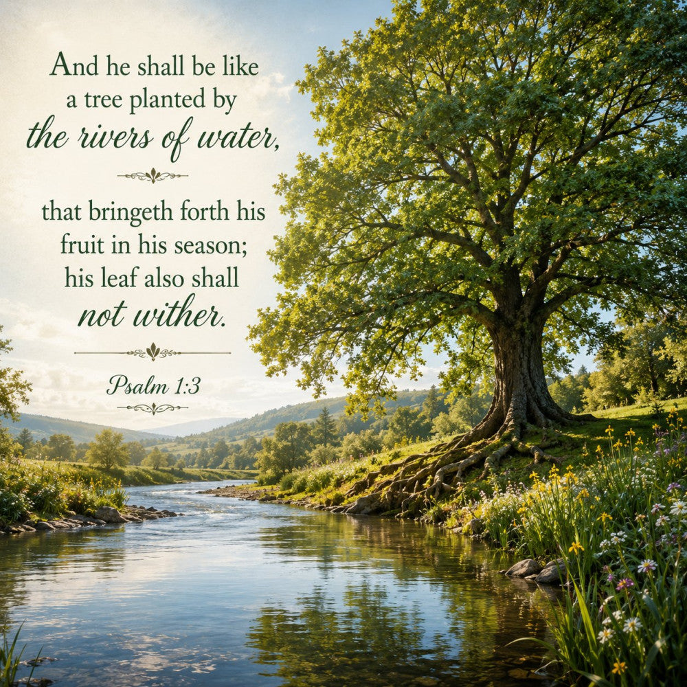 forest green, sage green, sky blue, cream, tan, golden yellow, landscape, nature, river, trees, scenic, inspirational, quote, scripture, psalm, spiritual, religious, faith, elegant, traditional, rustic, pastoral, countryside, botanical, wildflowers, daisies, peaceful, serene, spring, summer