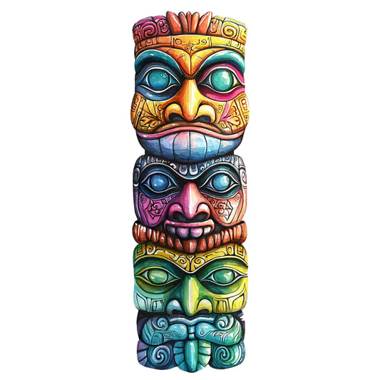 totem pole, tiki faces, vibrant colors, turquoise, orange, purple, green, pink, tribal patterns, polynesian designs, carved wood appearance, stacked masks, fabric panel, quilting cotton, hawaiian theme, tropical motifs, indigenous art style, ceremonial masks, cultural symbols, bright multicolored