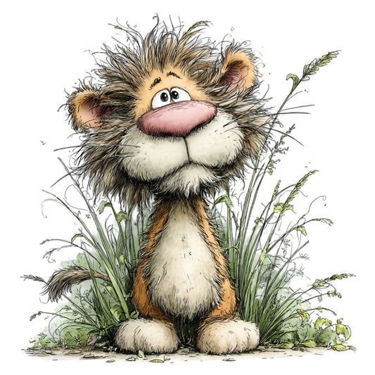 whimsical lion, children's illustration, cartoon animals, nature theme, grass, wildflowers, cream, tan, brown, forest green, sage green, rustic, playful, adorable, cute character, animal face, children's fabric, storybook style, woodland creature, expressive eyes, furry texture, standing animal, botanical elements, spring, summer, baby quilt, nursery decor, wall hanging, illustration art, hand-drawn style