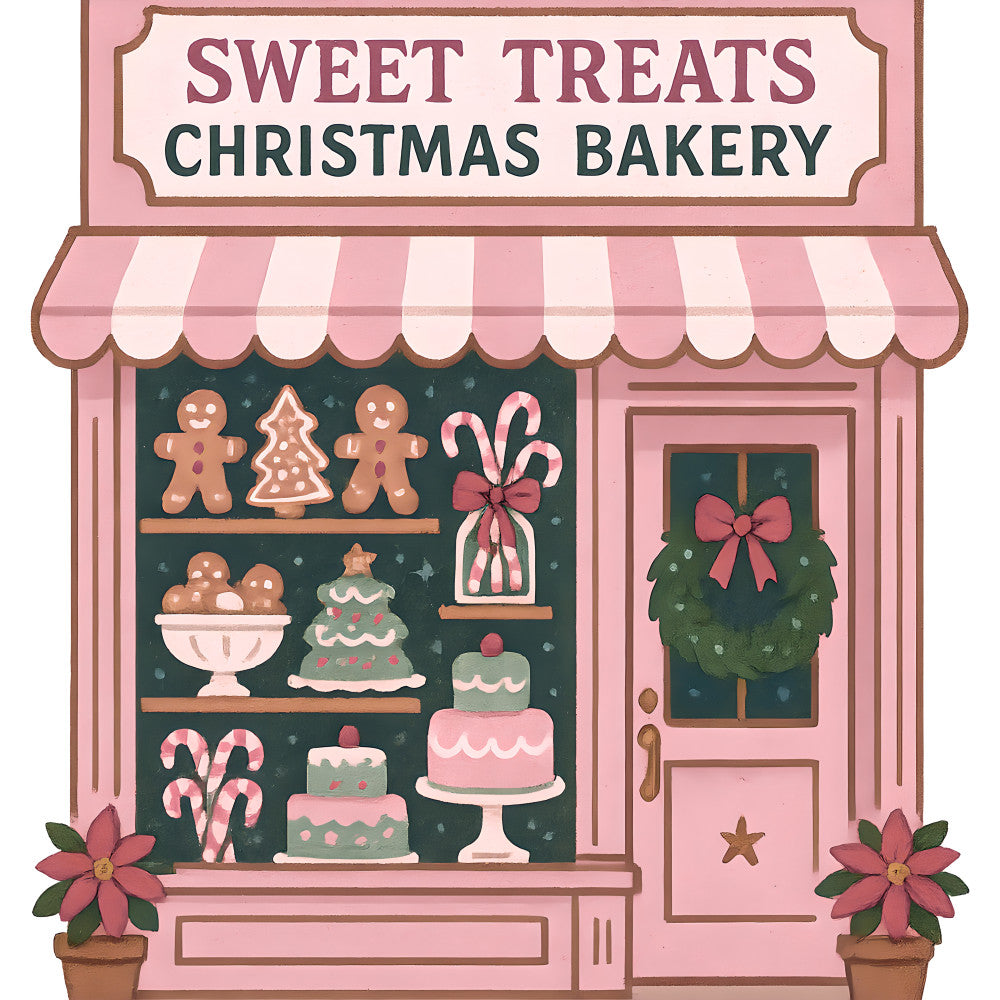 pink, christmas, bakery, storefront, gingerbread cookies, candy canes, christmas tree cake, tiered cakes, wreath, red bow, striped awning, window display, poinsettias, fabric panel, quilting cotton, holiday baking, sweet treats, festive, whimsical, pastel colors
