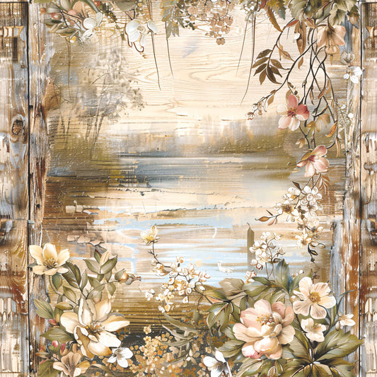 Lake on Rustic Wood Fabric Panel 20