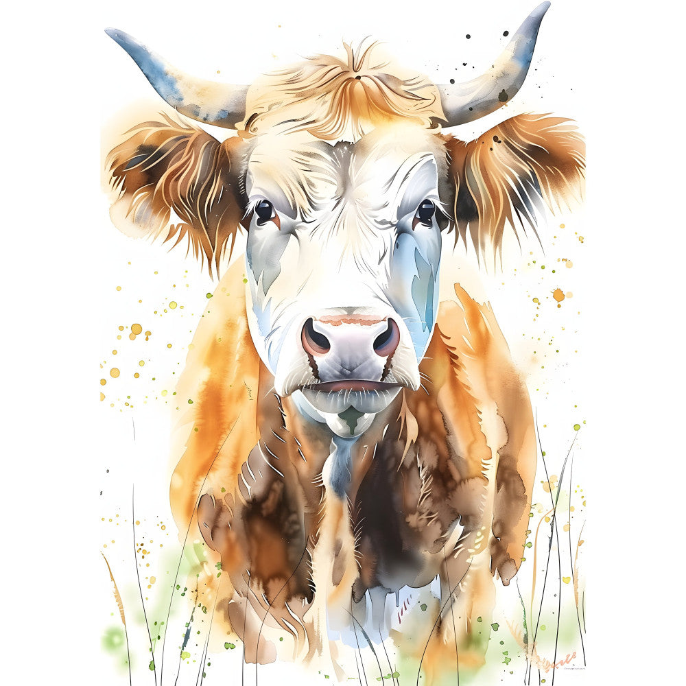 cow, cattle, bull, horns, livestock, farm animals, farmhouse, rustic, watercolor, painted, artistic, cream, white, tan, brown, rust, golden yellow, ochre, blue-gray, splatter, ink splashes, pastoral, countryside, nature, animal portrait, whimsical, folk art, cottage core, boho, botanical