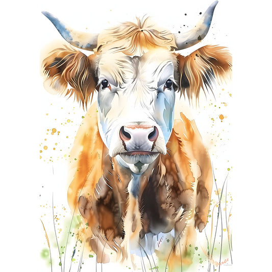cow, cattle, bull, horns, livestock, farm animals, farmhouse, rustic, watercolor, painted, artistic, cream, white, tan, brown, rust, golden yellow, ochre, blue-gray, splatter, ink splashes, pastoral, countryside, nature, animal portrait, whimsical, folk art, cottage core, boho, botanical