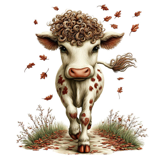 cream, rust brown, burnt orange, terracotta, tan, beige, cow, cattle, bovine, animals, farmhouse, whimsical, autumn, fall, rustic, nature, leaves, oak leaves, curly horns, spots, pastoral, countryside, charming, folk art, whimsy, woodland, seasonal, harvest, illustrated, decorative